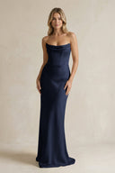 Cowl Neck Sheath Corset Bridesmaid Dress in Dark Navy - KissProm Bridesmaid Dresses
