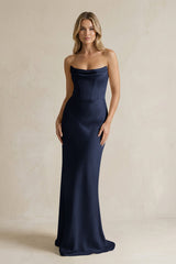 Cowl Neck Sheath Corset Bridesmaid Dress in Dark Navy - KissProm Bridesmaid Dresses