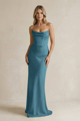 Cowl Neck Sheath Corset Bridesmaid Dress in Dark Teal - KissProm Bridesmaid Dresses