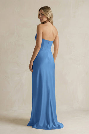 Cowl Neck Sheath Corset Bridesmaid Dress in Dusty Blue - KissProm Bridesmaid Dresses