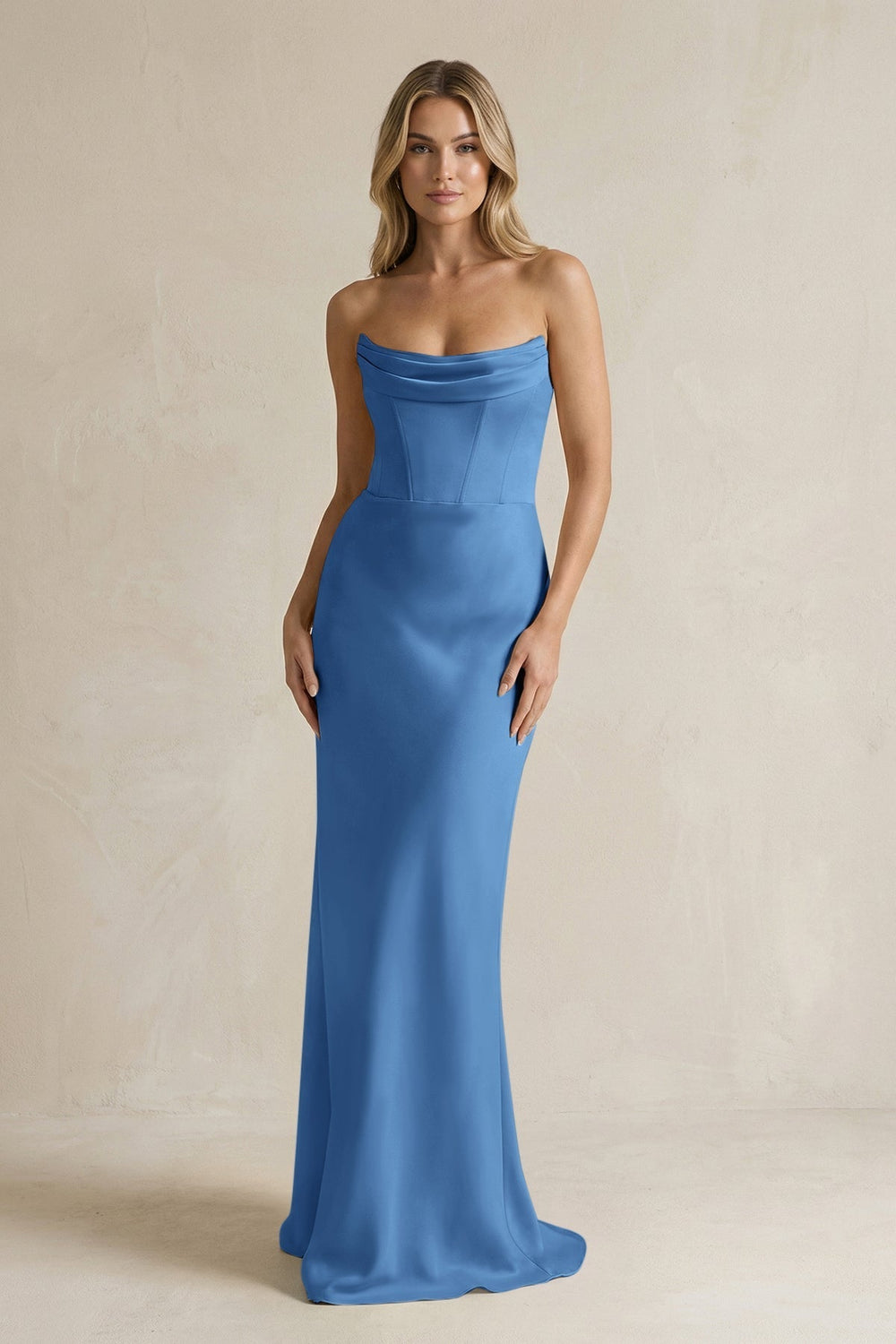 Cowl Neck Sheath Corset Bridesmaid Dress in Dusty Blue - KissProm Bridesmaid Dresses