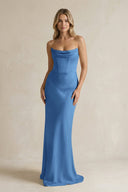 Cowl Neck Sheath Corset Bridesmaid Dress in Dusty Blue - KissProm Bridesmaid Dresses