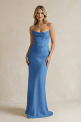 Cowl Neck Sheath Corset Bridesmaid Dress in Dusty Blue - KissProm Bridesmaid Dresses