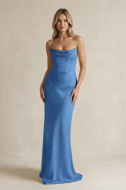 Cowl Neck Sheath Corset Bridesmaid Dress in Dusty Blue - KissProm Bridesmaid Dresses
