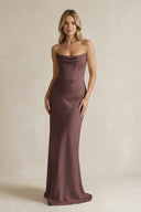 Cowl Neck Sheath Corset Bridesmaid Dress in Espresso - KissProm Bridesmaid Dresses