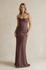 Cowl Neck Sheath Corset Bridesmaid Dress in Espresso - KissProm Bridesmaid Dresses