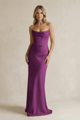 Cowl Neck Sheath Corset Bridesmaid Dress in Fig - KissProm Bridesmaid Dresses