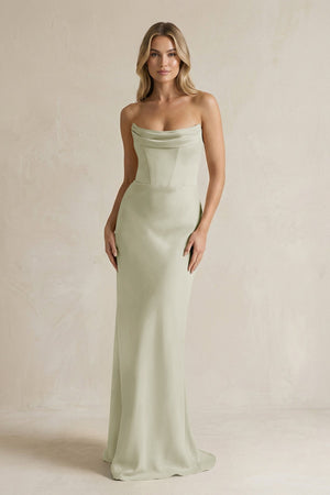 Cowl Neck Sheath Corset Bridesmaid Dress in Frost - KissProm Bridesmaid Dresses