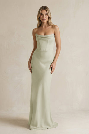 Cowl Neck Sheath Corset Bridesmaid Dress in Frost - KissProm Bridesmaid Dresses