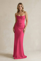 Cowl Neck Sheath Corset Bridesmaid Dress in Fuchsia - KissProm Bridesmaid Dresses