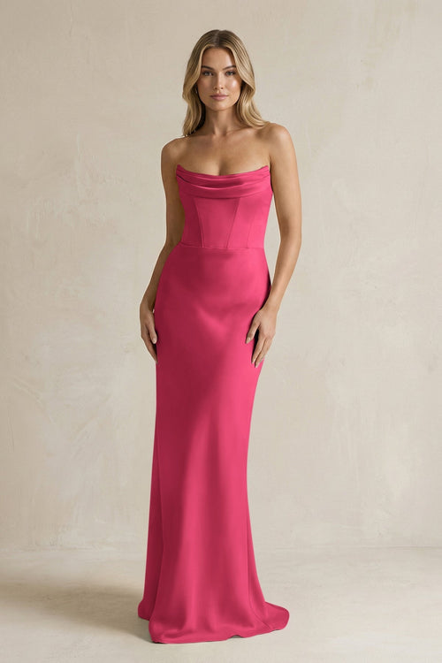 Cowl Neck Sheath Corset Bridesmaid Dress in Fuchsia - KissProm Bridesmaid Dresses
