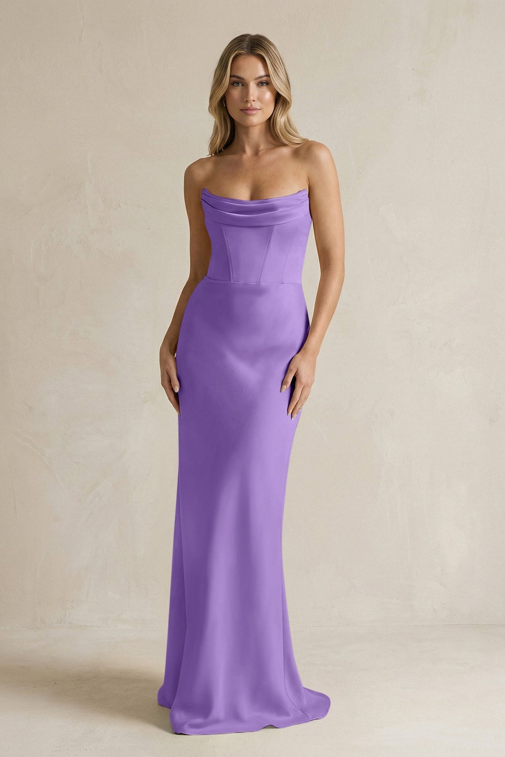 Cowl Neck Sheath Corset Bridesmaid Dress in Lilac - KissProm Bridesmaid Dresses