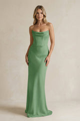Cowl Neck Sheath Corset Bridesmaid Dress in Matcha - KissProm Bridesmaid Dresses