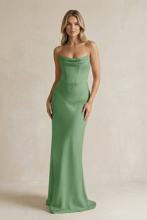 Cowl Neck Sheath Corset Bridesmaid Dress in Matcha - KissProm Bridesmaid Dresses