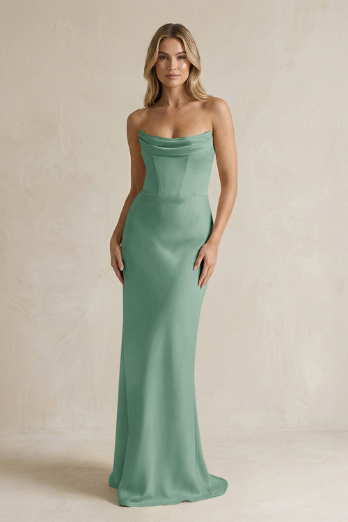 Cowl Neck Sheath Corset Bridesmaid Dress in Mint Green - KissProm Bridesmaid Dresses