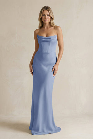 Cowl Neck Sheath Corset Bridesmaid Dress in Mist - KissProm Bridesmaid Dresses