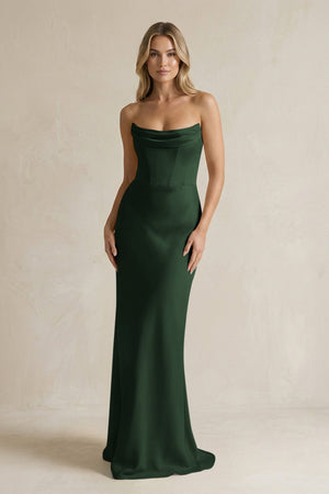 Cowl Neck Sheath Corset Bridesmaid Dress in Moss - KissProm Bridesmaid Dresses