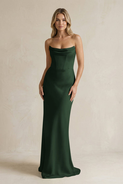 Cowl Neck Sheath Corset Bridesmaid Dress in Moss - KissProm Bridesmaid Dresses