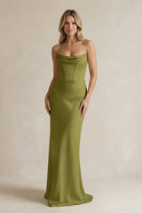 Cowl Neck Sheath Corset Bridesmaid Dress in Moss Green - KissProm Bridesmaid Dresses