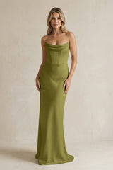 Cowl Neck Sheath Corset Bridesmaid Dress in Moss Green - KissProm Bridesmaid Dresses