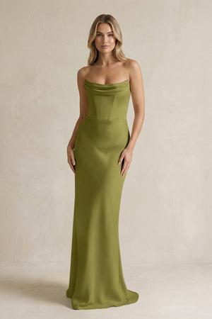 Cowl Neck Sheath Corset Bridesmaid Dress in Moss Green - KissProm Bridesmaid Dresses