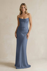 Cowl Neck Sheath Corset Bridesmaid Dress in Neptune - KissProm Bridesmaid Dresses