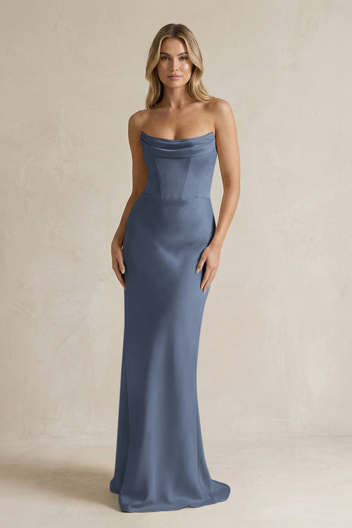 Cowl Neck Sheath Corset Bridesmaid Dress in Neptune - KissProm Bridesmaid Dresses
