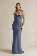 Cowl Neck Sheath Corset Bridesmaid Dress in Neptune - KissProm Bridesmaid Dresses