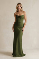 Cowl Neck Sheath Corset Bridesmaid Dress in Olive - KissProm Bridesmaid Dresses