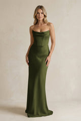 Cowl Neck Sheath Corset Bridesmaid Dress in Olive - KissProm Bridesmaid Dresses
