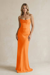 Cowl Neck Sheath Corset Bridesmaid Dress in Orange - KissProm Bridesmaid Dresses
