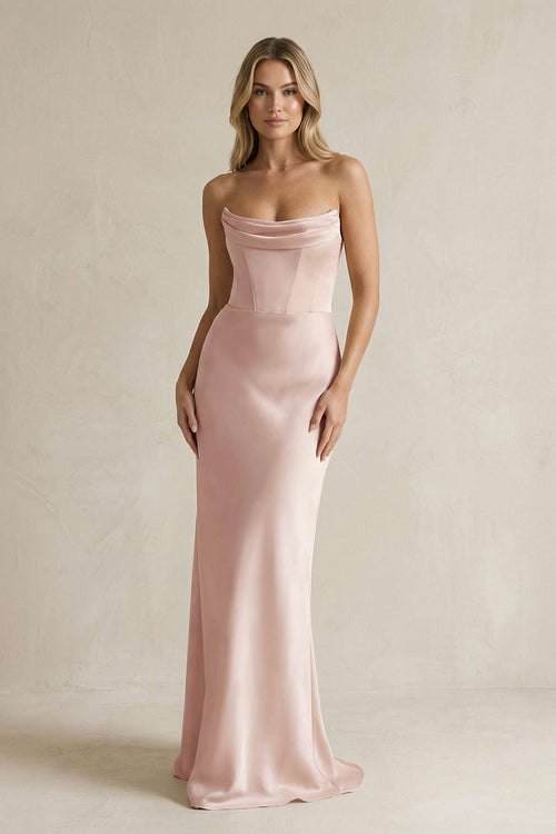 KissProm Cowl Neck Sheath Corset Bridesmaid Dress in Pale Blush, Pale Blush / 18