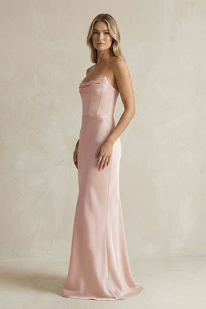 Cowl Neck Sheath Corset Bridesmaid Dress in Pale Blush - KissProm Bridesmaid Dresses