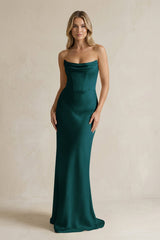 Cowl Neck Sheath Corset Bridesmaid Dress in Pine - KissProm Bridesmaid Dresses