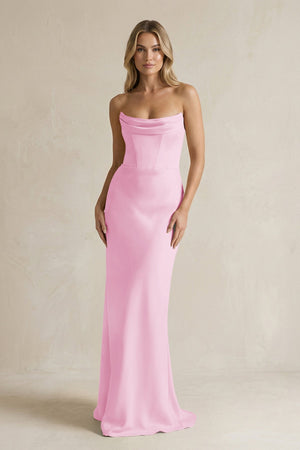 Cowl Neck Sheath Corset Bridesmaid Dress in Pink - KissProm Bridesmaid Dresses