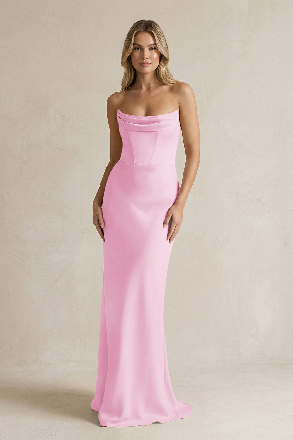 Cowl Neck Sheath Corset Bridesmaid Dress in Pink - KissProm Bridesmaid Dresses