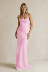 Cowl Neck Sheath Corset Bridesmaid Dress in Pink - KissProm Bridesmaid Dresses