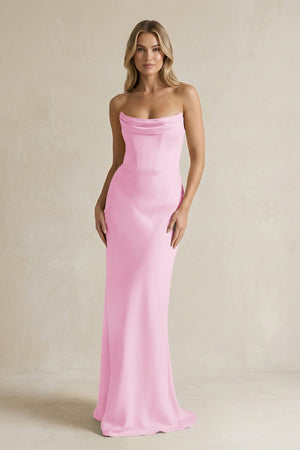 Cowl Neck Sheath Corset Bridesmaid Dress in Pink - KissProm Bridesmaid Dresses