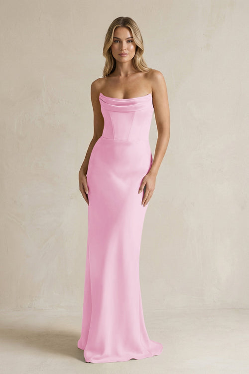 Cowl Neck Sheath Corset Bridesmaid Dress in Pink - KissProm Bridesmaid Dresses