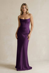 Cowl Neck Sheath Corset Bridesmaid Dress in Plum - KissProm Bridesmaid Dresses