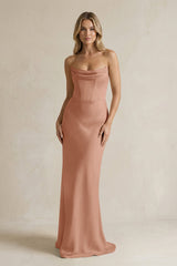 Cowl Neck Sheath Corset Bridesmaid Dress in Rosette - KissProm Bridesmaid Dresses