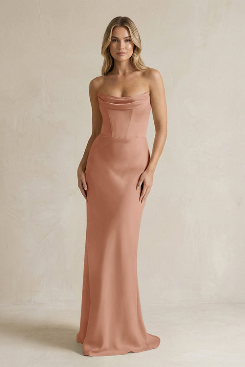Cowl Neck Sheath Corset Bridesmaid Dress in Rosette - KissProm Bridesmaid Dresses