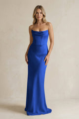 Cowl Neck Sheath Corset Bridesmaid Dress in Royal Blue - KissProm Bridesmaid Dresses