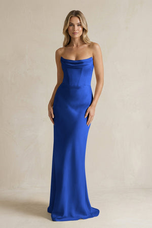 Cowl Neck Sheath Corset Bridesmaid Dress in Royal Blue - KissProm Bridesmaid Dresses
