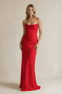 Cowl Neck Sheath Corset Bridesmaid Dress in Ruby Red - KissProm Bridesmaid Dresses