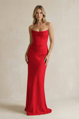 Cowl Neck Sheath Corset Bridesmaid Dress in Ruby Red - KissProm Bridesmaid Dresses