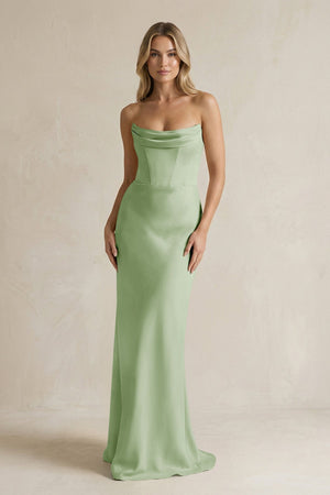 Cowl Neck Sheath Corset Bridesmaid Dress in Sage - KissProm Bridesmaid Dresses