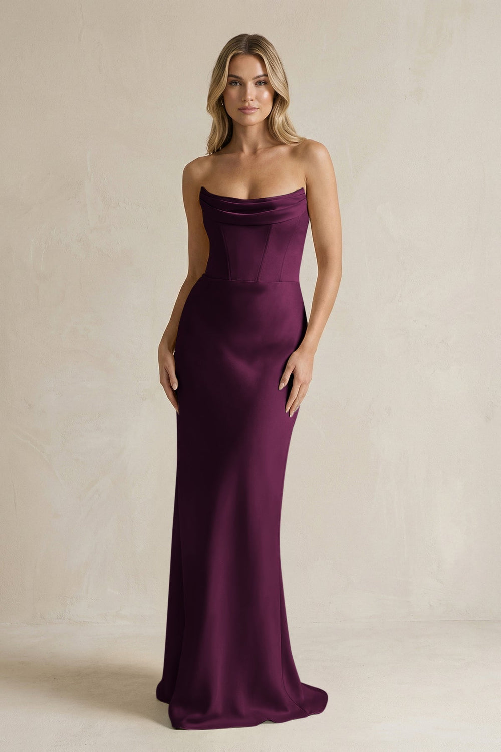 Cowl Neck Sheath Corset Bridesmaid Dress in Sangria - KissProm Bridesmaid Dresses