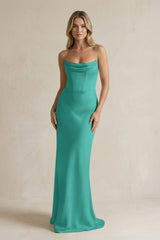 Cowl Neck Sheath Corset Bridesmaid Dress in Sea Glass - KissProm Bridesmaid Dresses