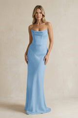 Cowl Neck Sheath Corset Bridesmaid Dress in Sky Blue - KissProm Bridesmaid Dresses
